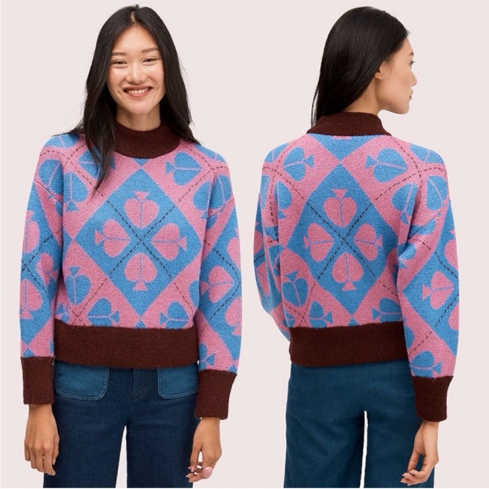 NWOT Kate Spade Mock Neck Geo Spade Sweater In Stained Glass Blue & Pink XXS